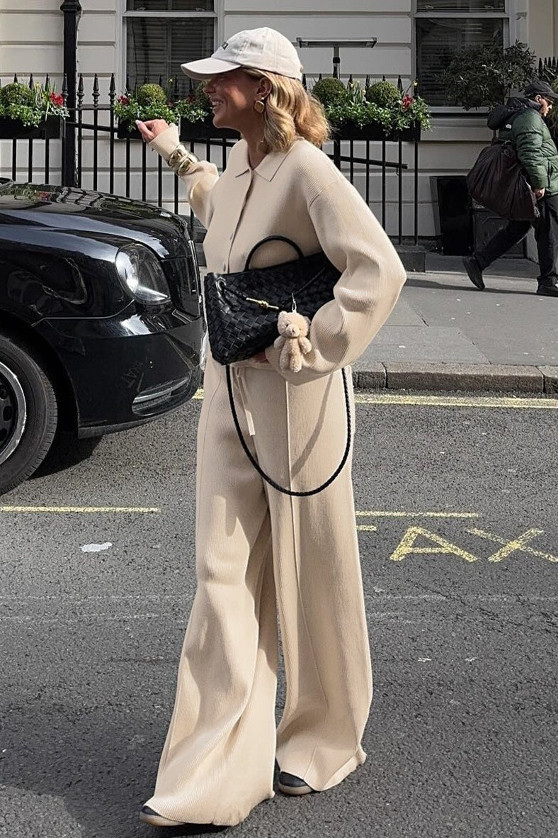 Collared Cardigan Wide Leg Pants Knit Set