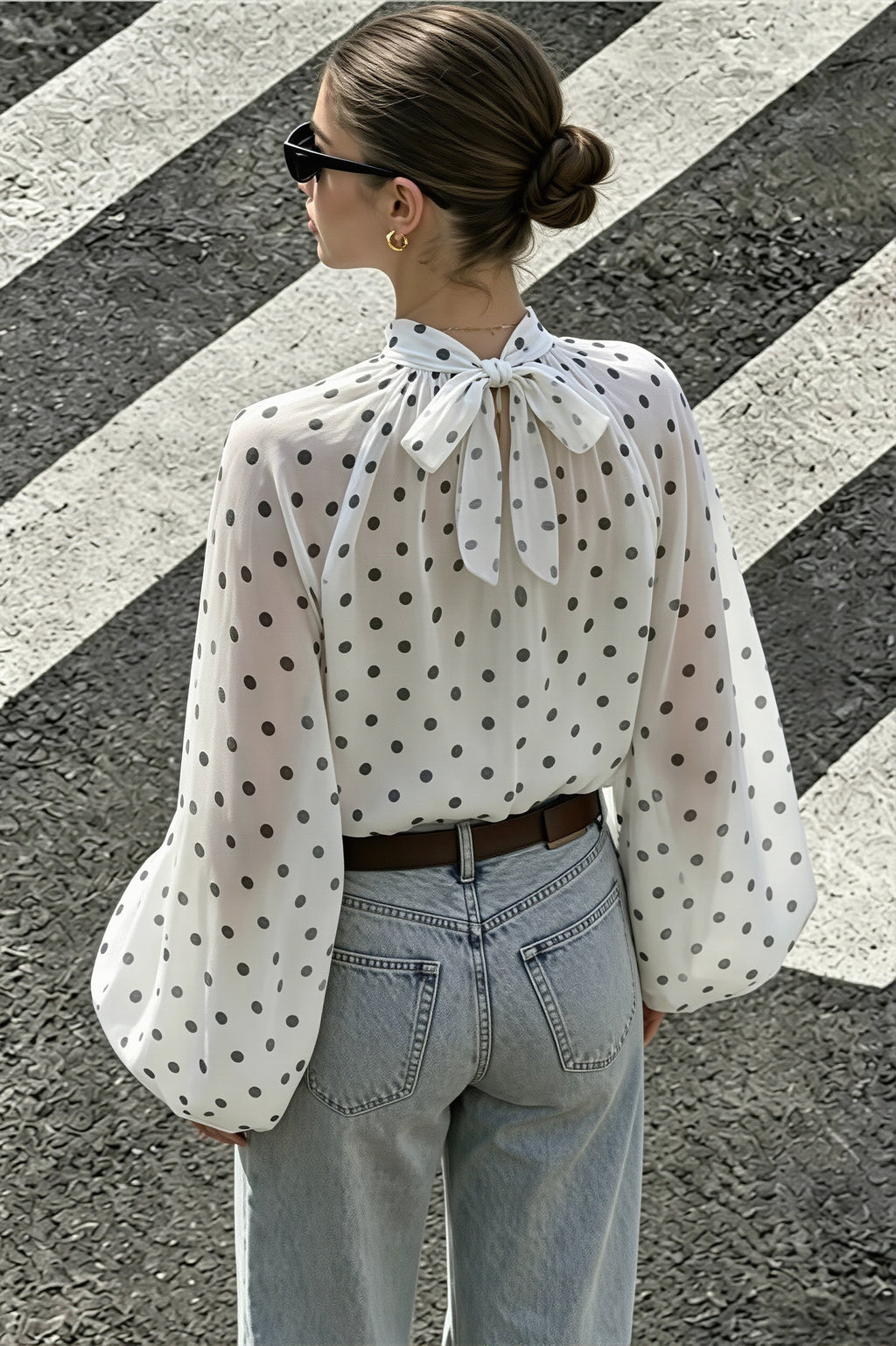 Elegant Polka Dot Bow Neck Blouse