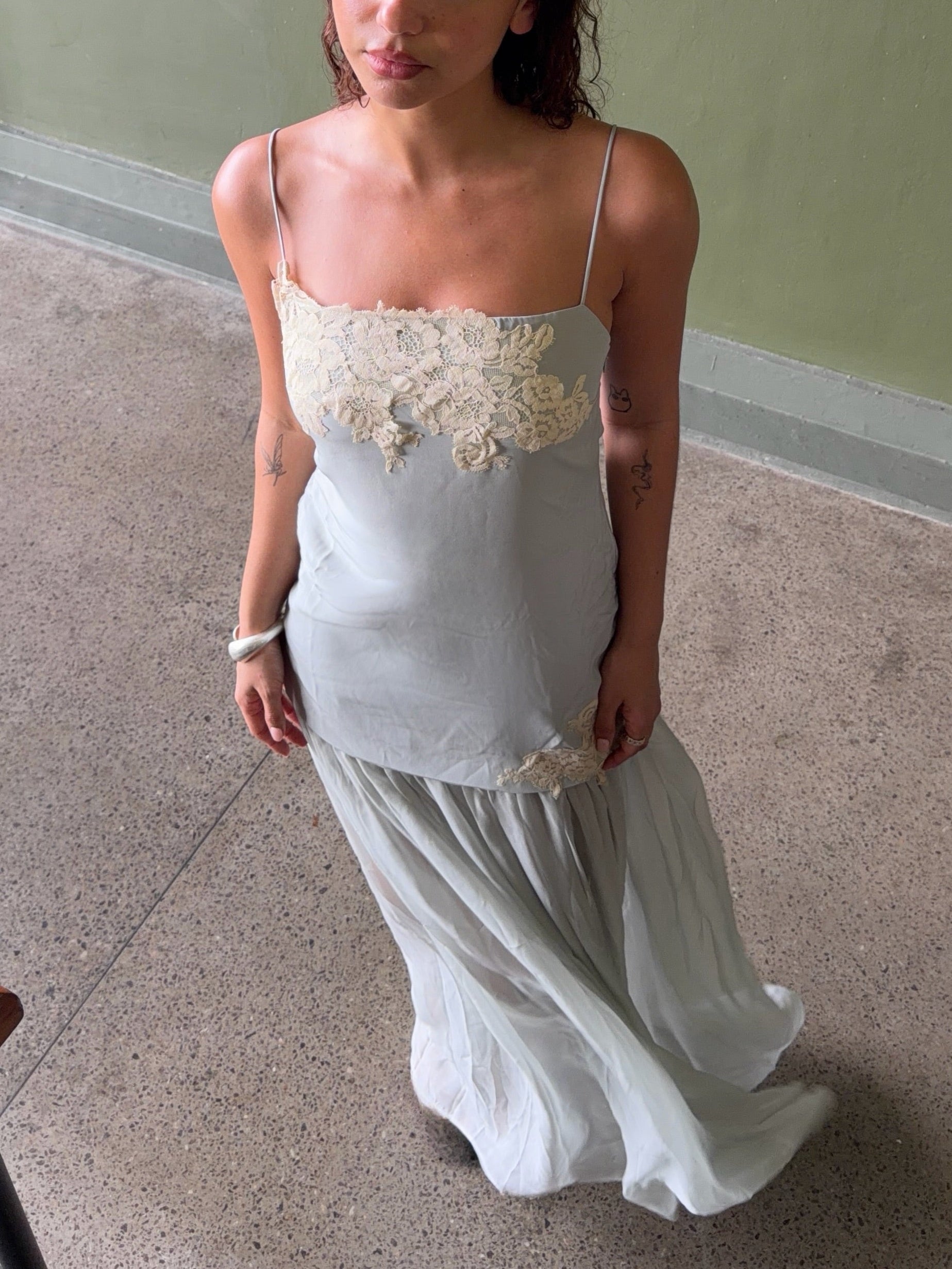 Grey Satin Lace Detail Midi Dress
