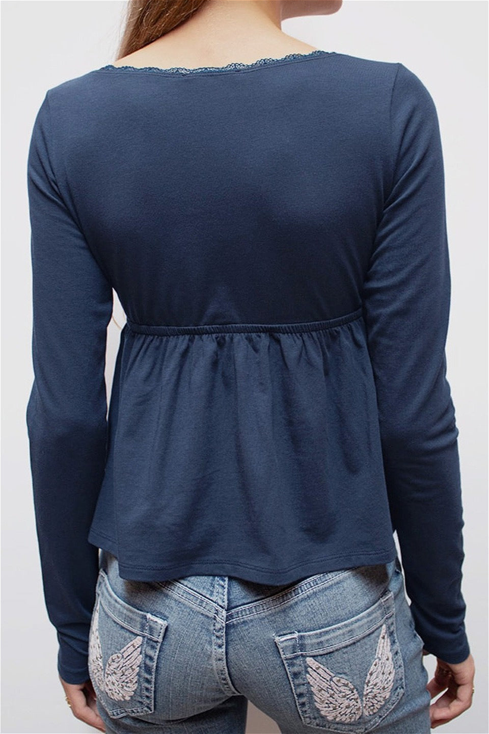 Lace Trim Deep V Empire Waist Blouse