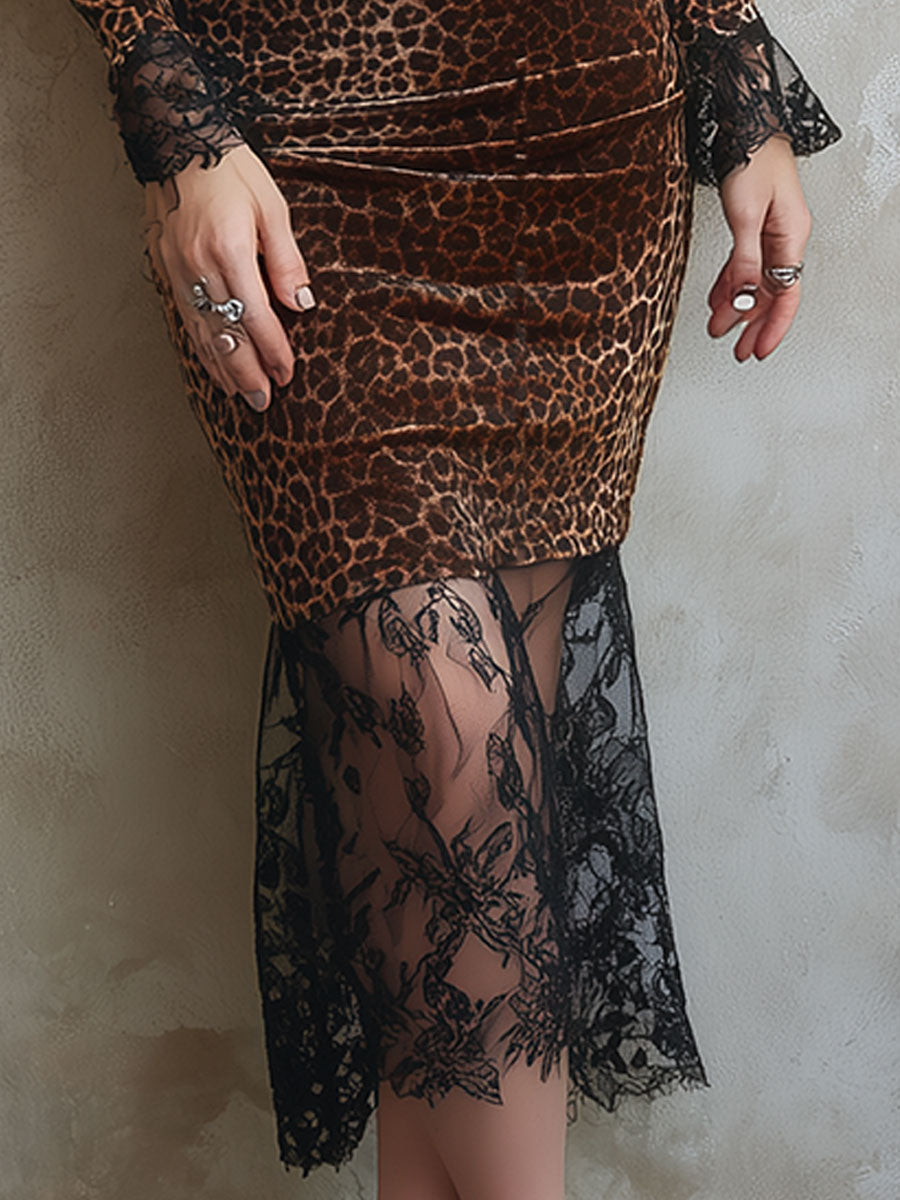 Elegant Lace Leopard Patchwork Fishtail Midi Dress