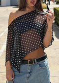 Chiffon Polka Dot Asym Shoulder Blouse