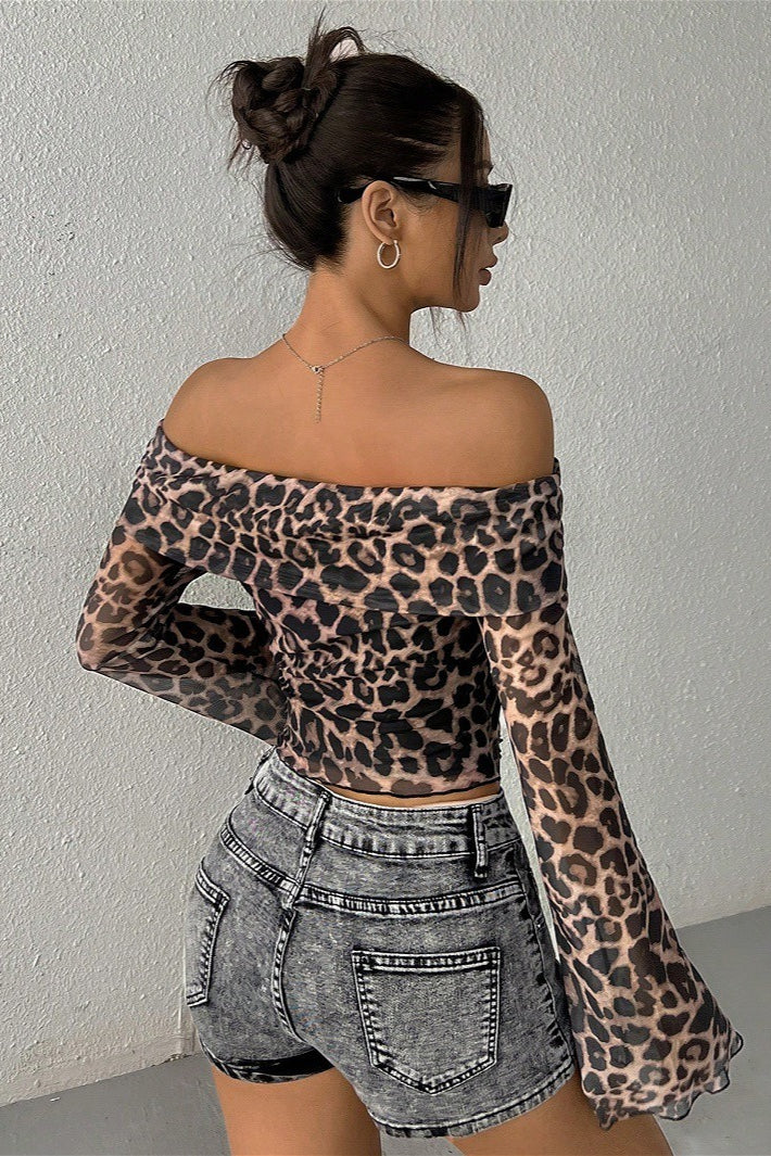 Fitted Leopard Mesh Off Shoulder Blouse