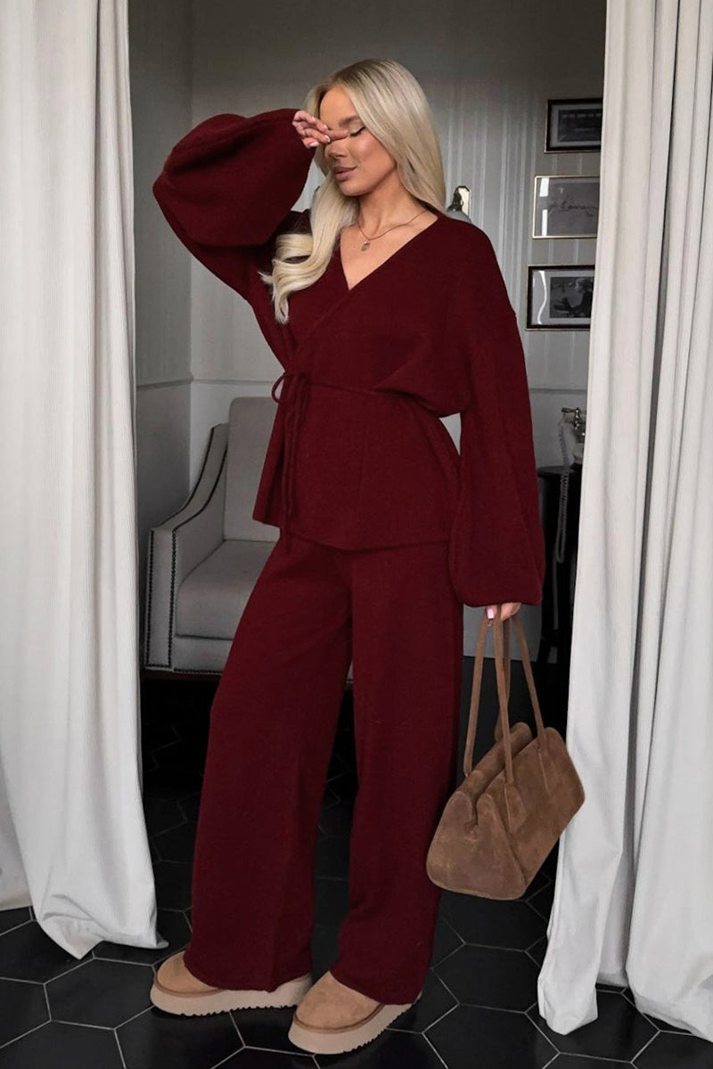 V Neck Tie Waist Knit Top Wide Leg Pants Set