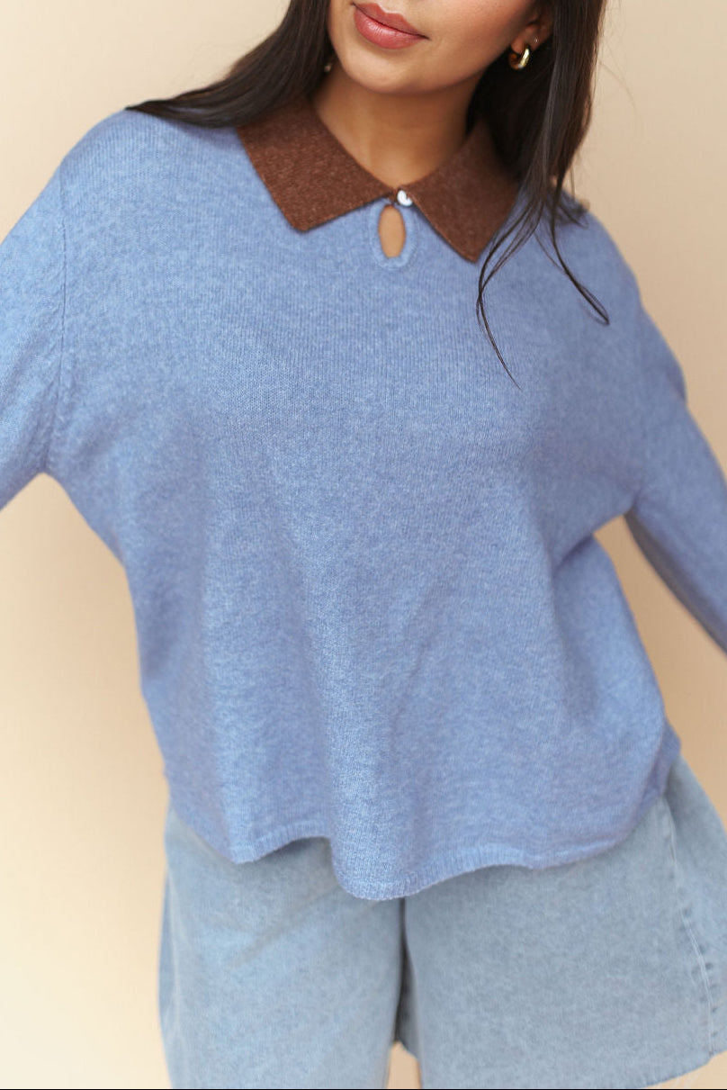 Colbie Polo Sweater in Dusty Blue