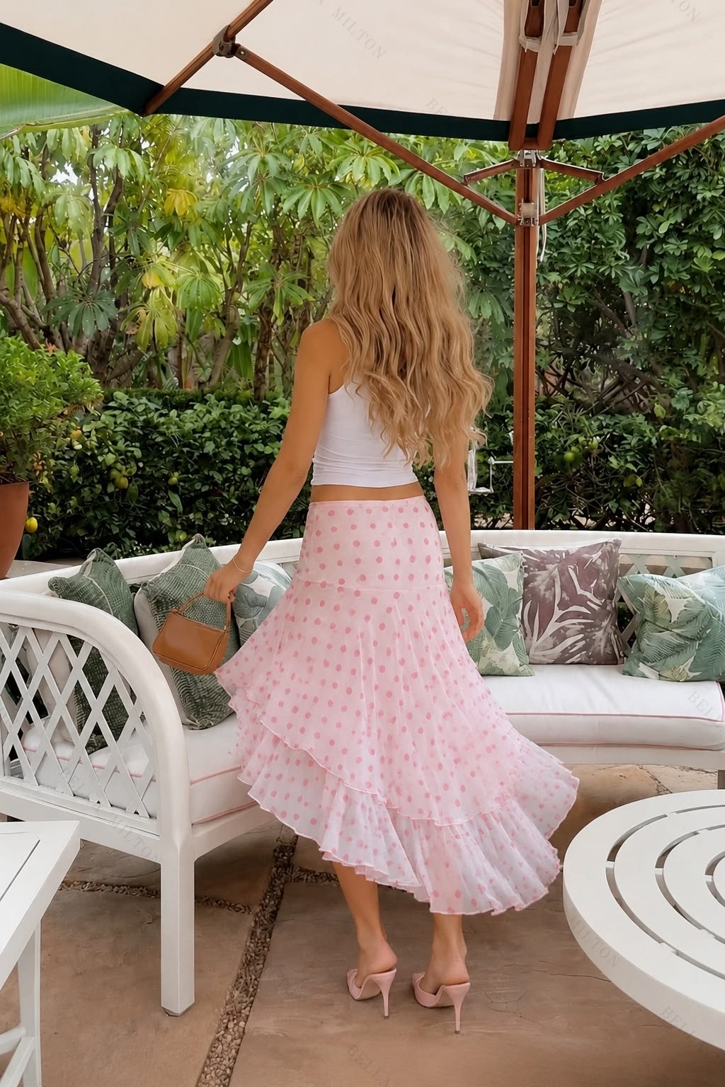 Polka Dot Ruffle Asymmetric Midi Skirt