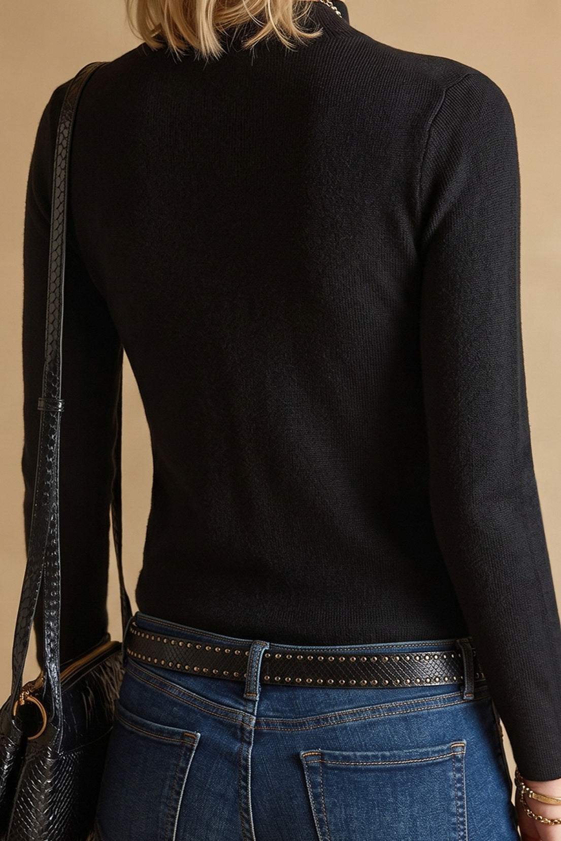 Sheer Yoke Mock Neck Knit Sweater