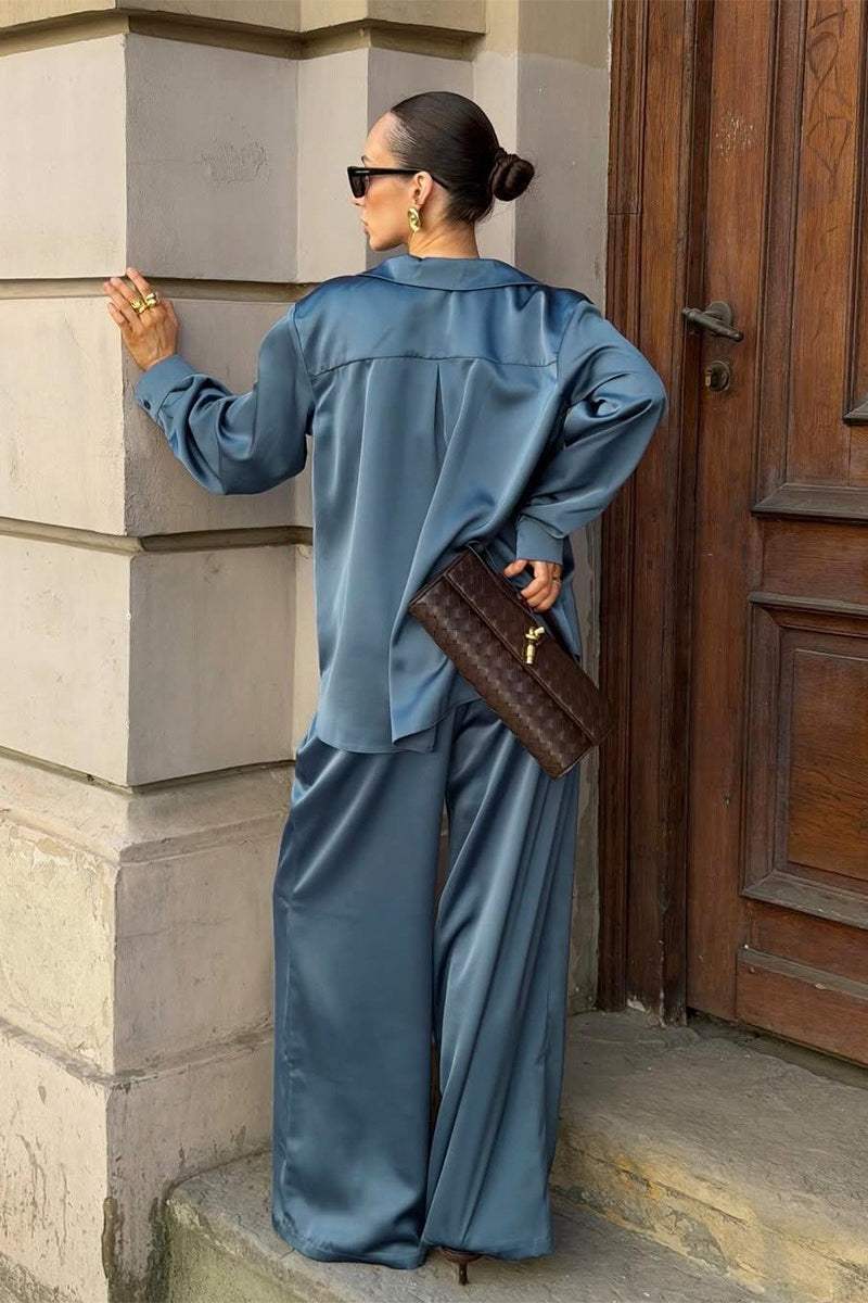 Satin Shirt Wide Leg Pants Lounge Set