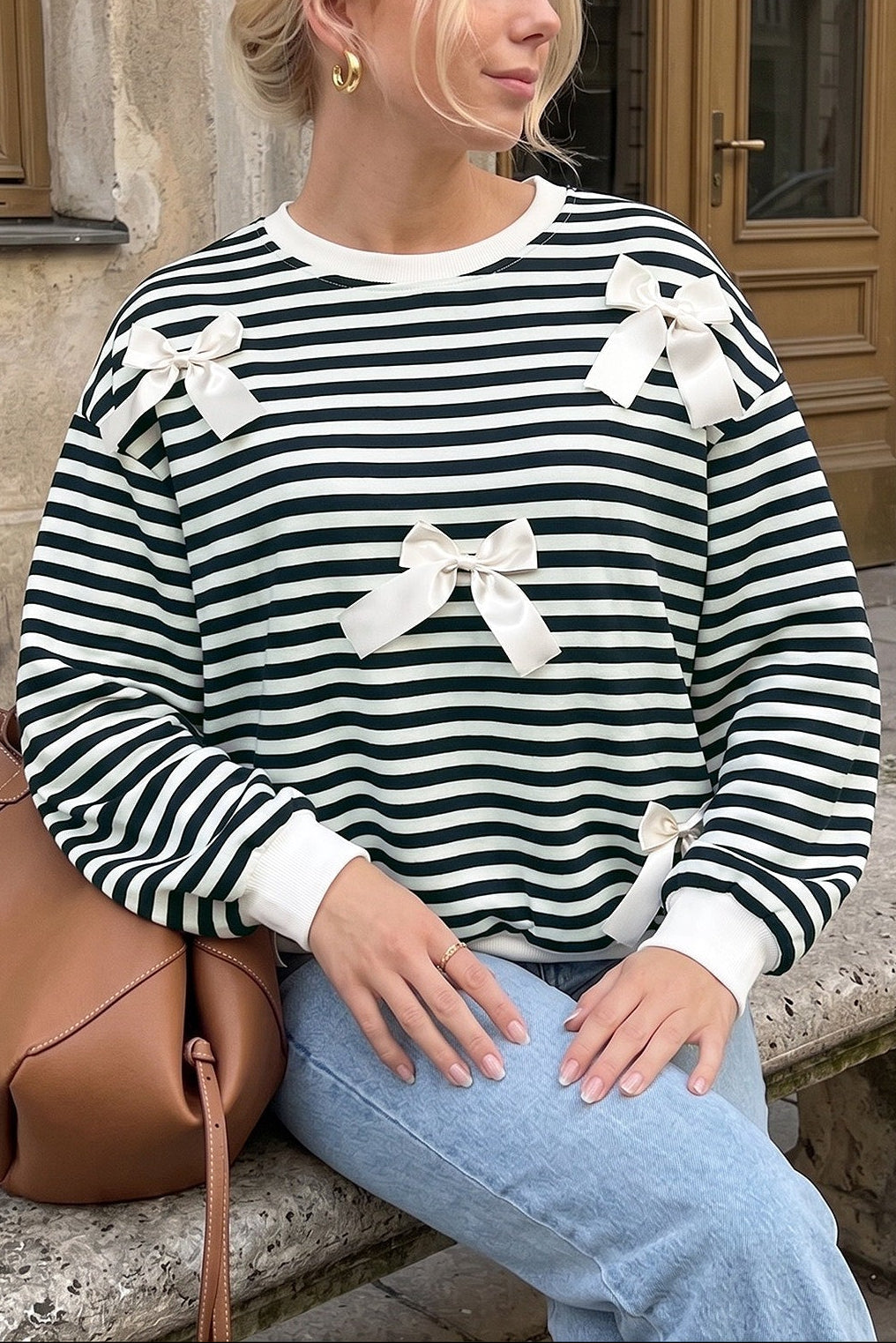 Striped Bow Detail Crewneck Sweatshirt