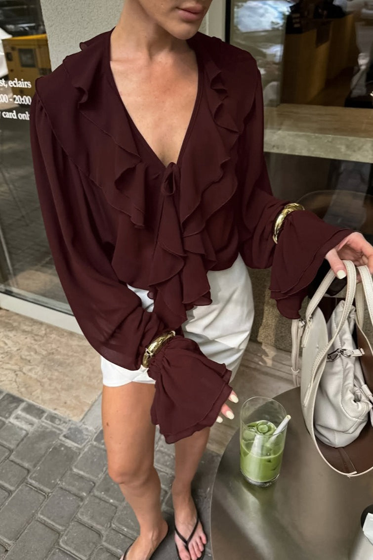 Ruffle Trim Tie Neck Blouse