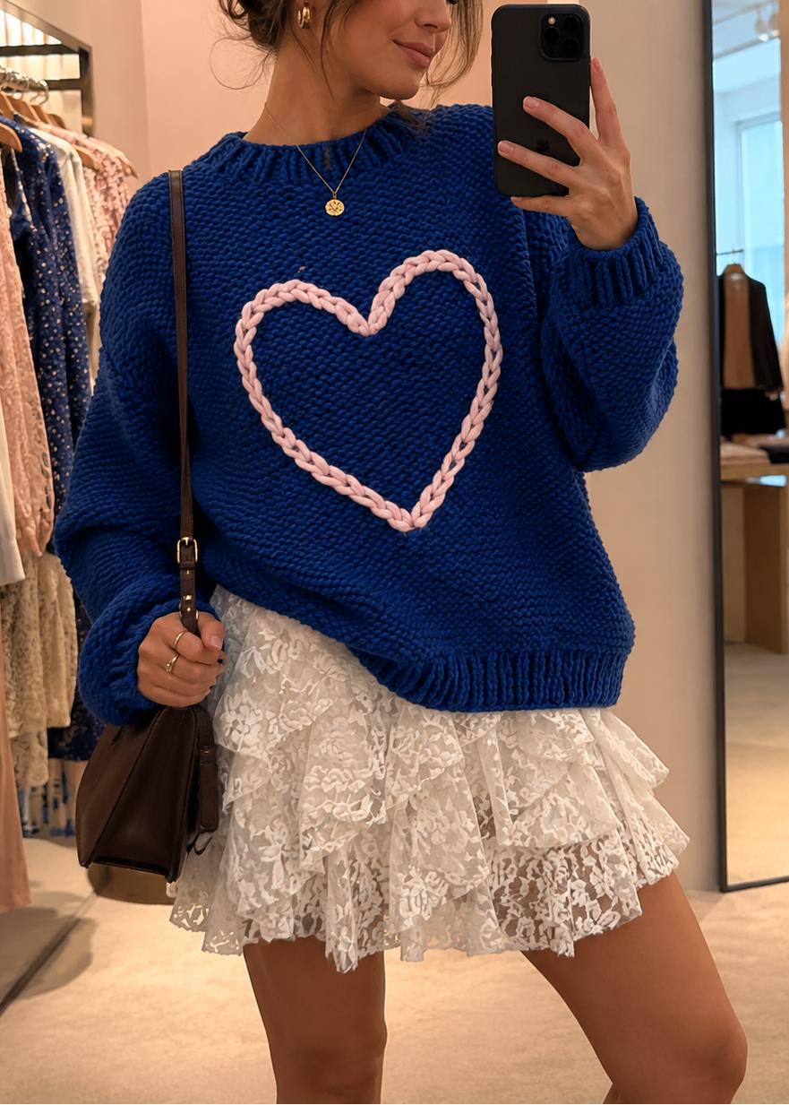 Braided Heart Crew Neck Oversized Knit Sweater