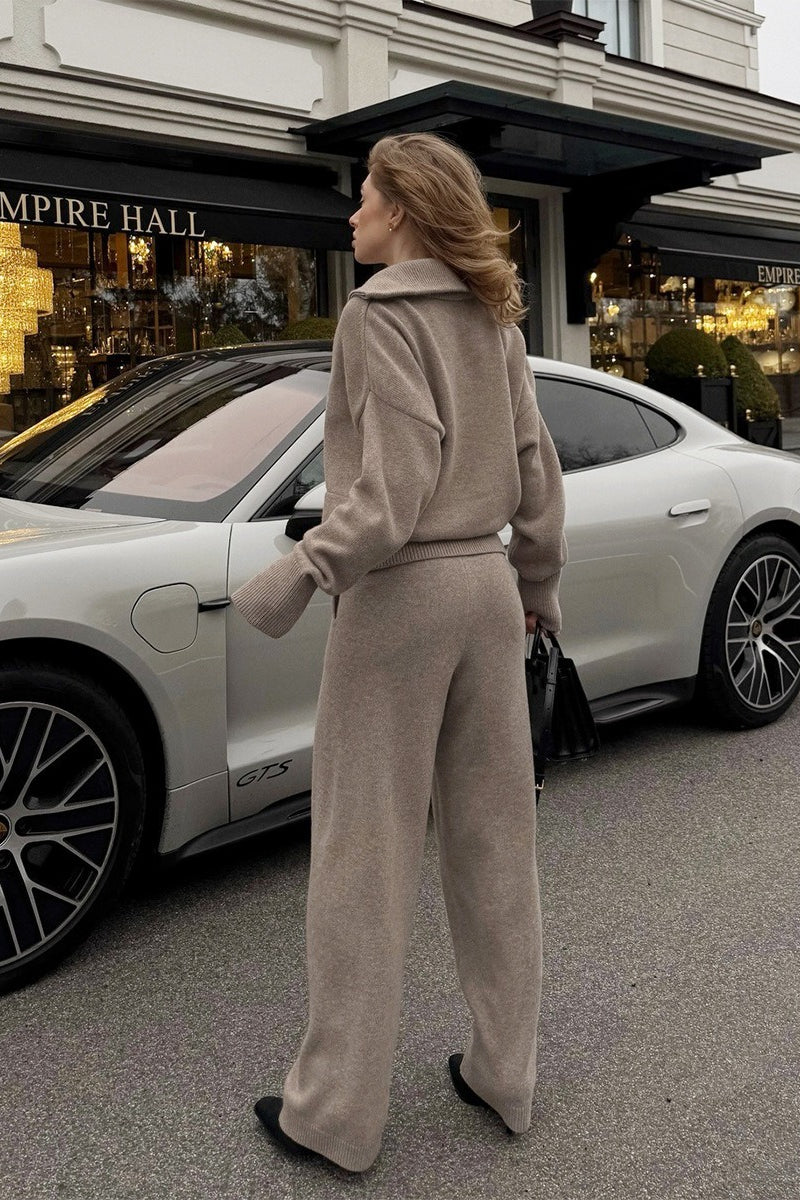 Double Zip Polo Knit Wide Leg Pants Set
