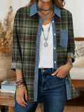 Ethnicity Green Checkered Pattern Women's Print Casual Denim Patchwork Cotton Shirt