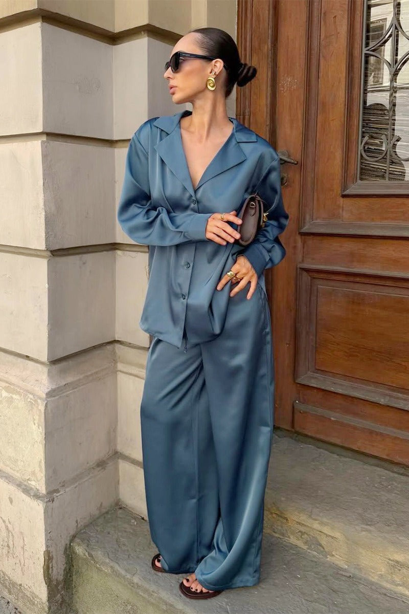 Satin Shirt Wide Leg Pants Lounge Set