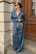 Satin Shirt Wide Leg Pants Lounge Set