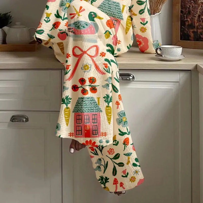 Women's Pastoral Floral Bow Print Cotton Homewear Set