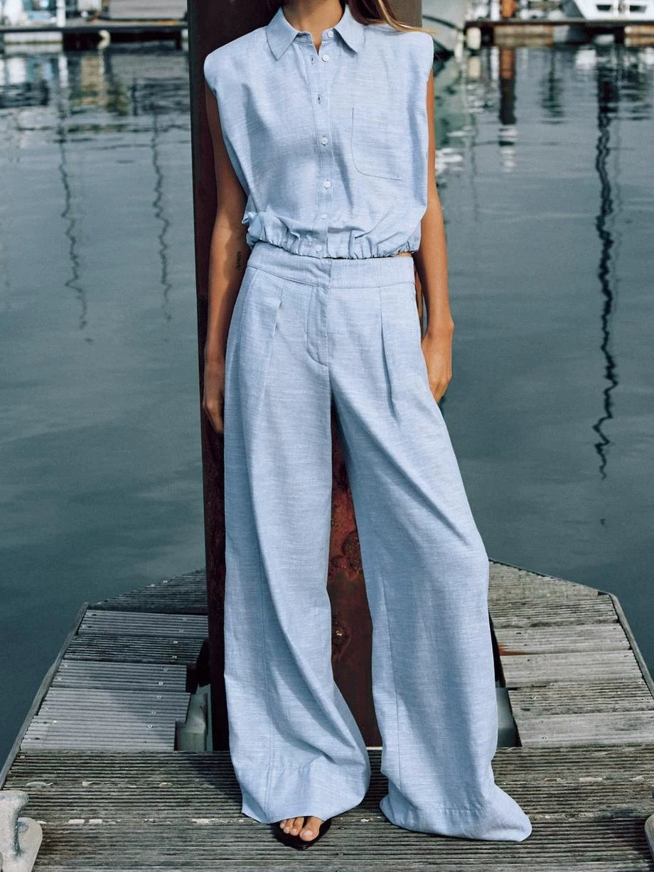 Lapel Sleeveless Top High Waist Wide Leg Pants Two-Piece Set
