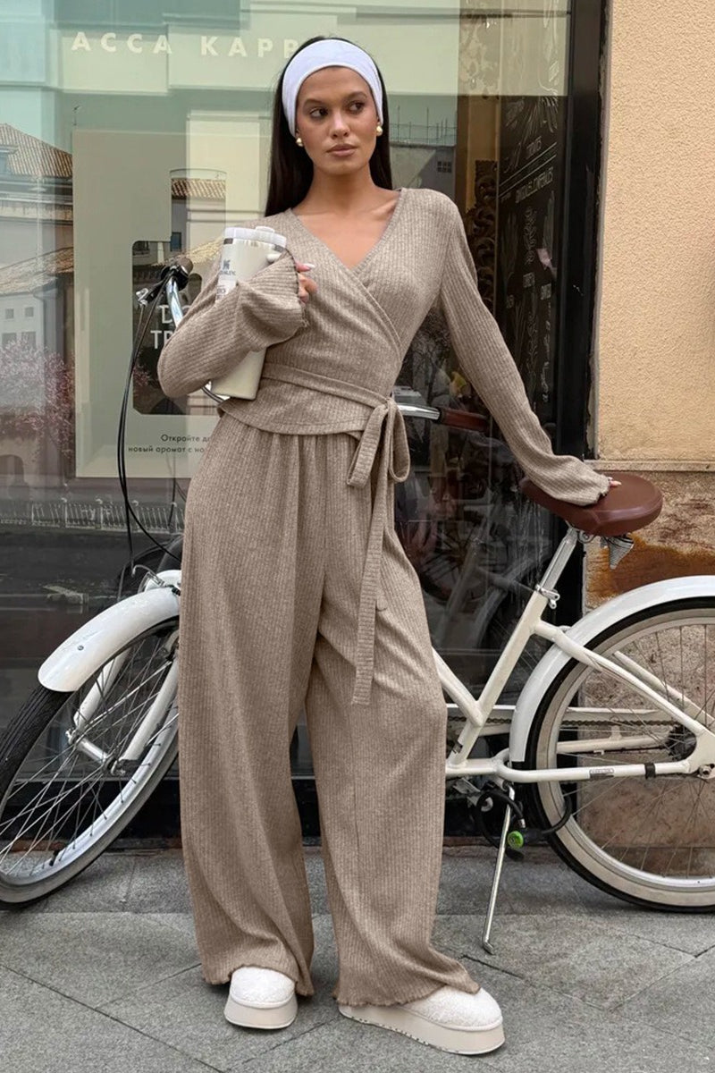 Ribbed V Neck Tie Top Wide Leg Pants Set