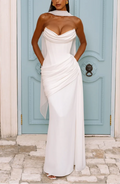 Strapless Cowl Neck Lace-Up Backless Ruched Mermaid Evening Maxi Dress