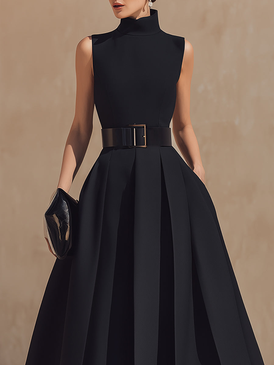 Belted High-Neck Pleated Midi Dress
