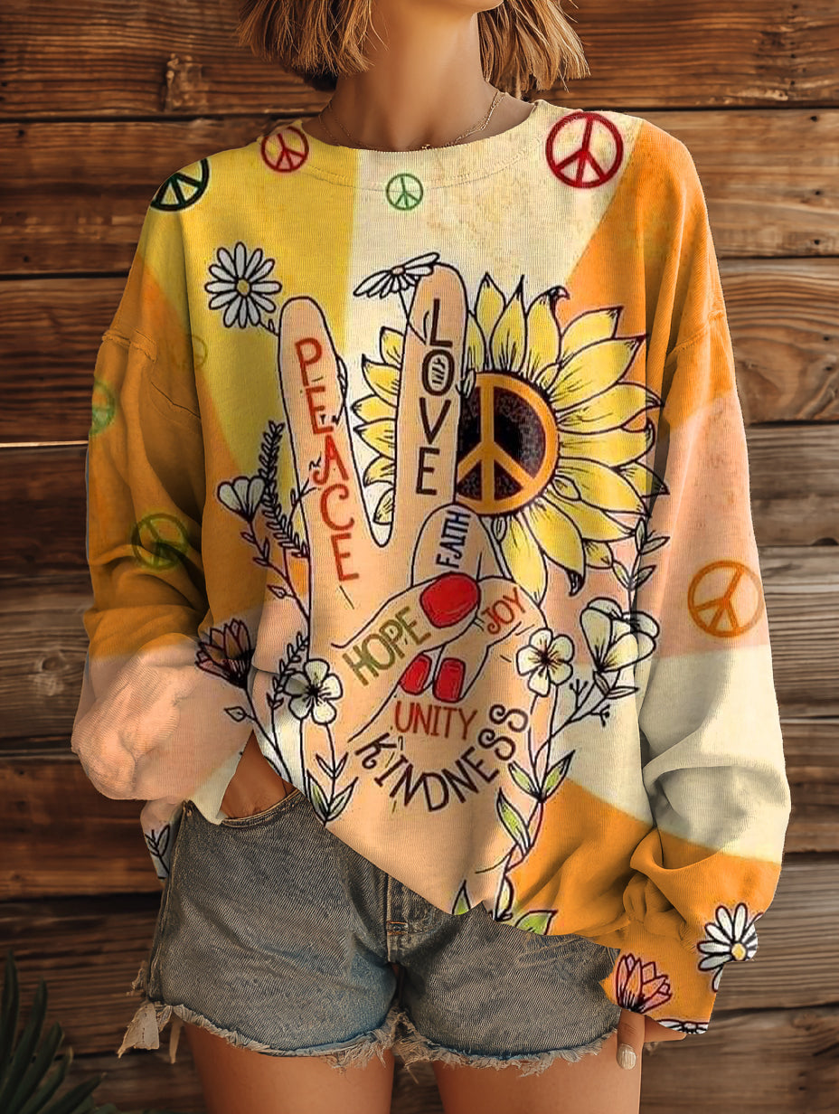 Women's Hippie Peace Love Art Pattern Print Casual Crew Neck Sweatshirt