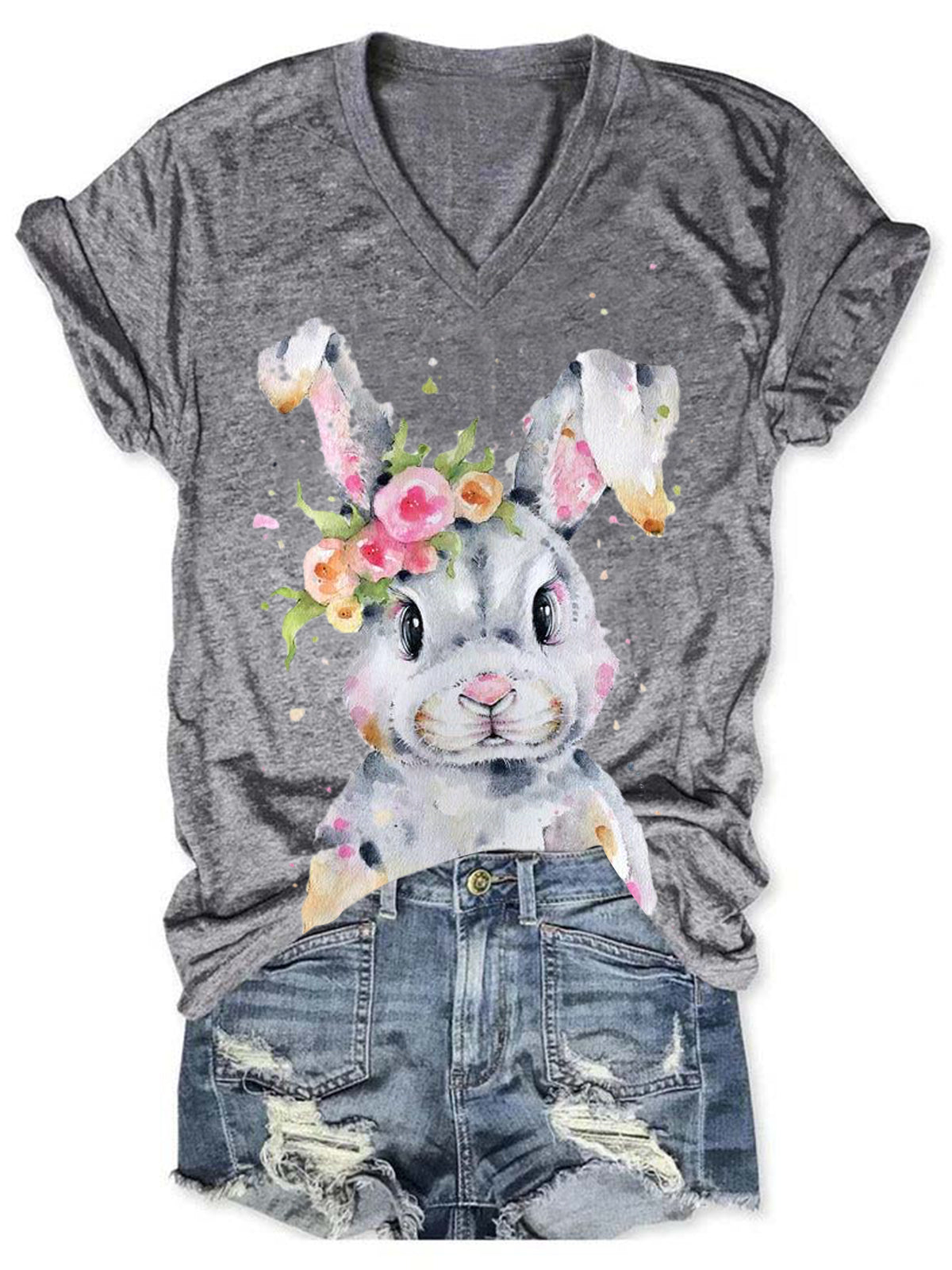 Women's Easter Bunny Print Solid T-Shirt