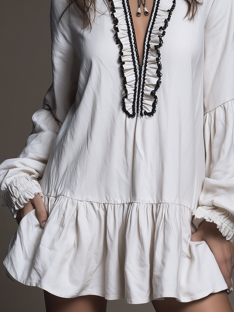 Vintage-style Cotton Blend Mini Dress With Ruffled Hem