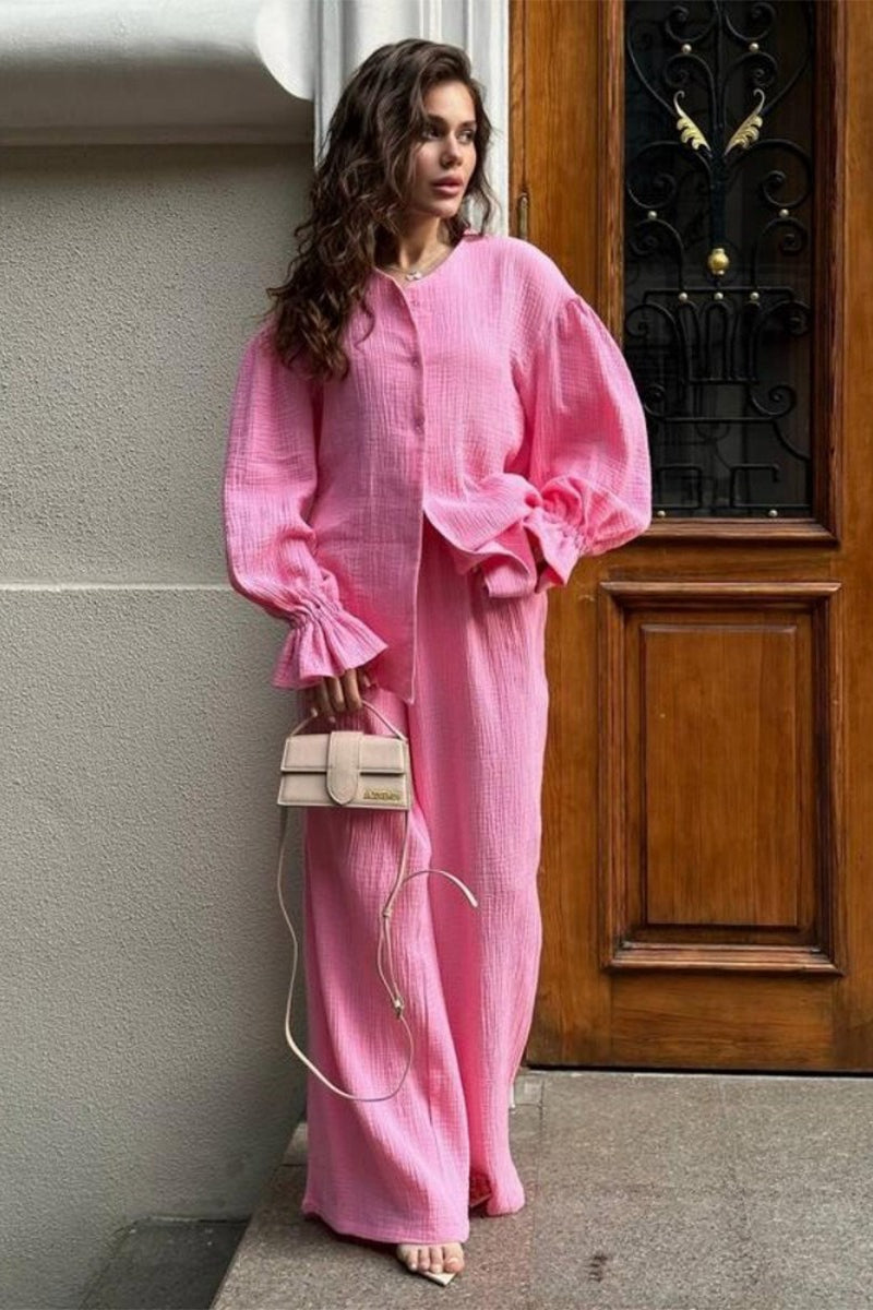 Balloon Sleeve Cotton Cardigan Wide Leg Pants Set