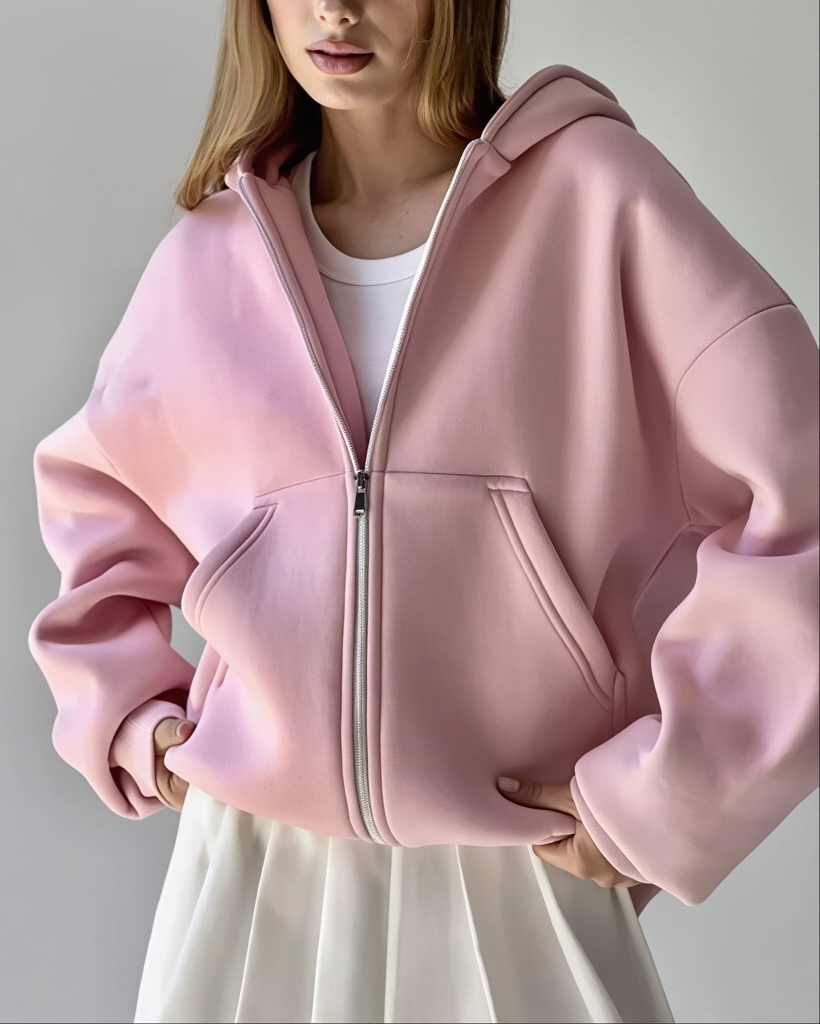 Solid Oversized Zip Up Hoodie