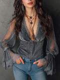 Slate Velvet Plunge Lace Sheer-Sleeve Top