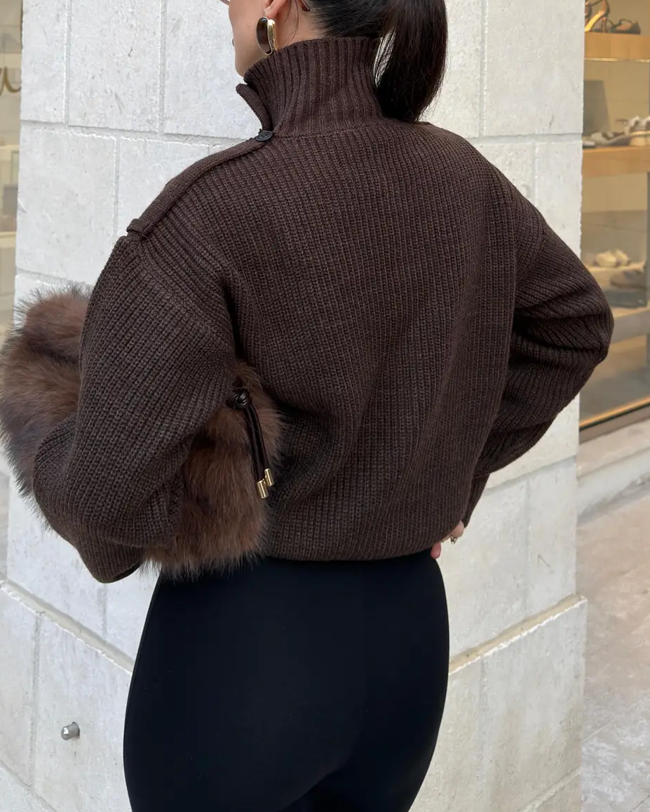 Double-Breasted Button Turtleneck Oversized Knit Sweater