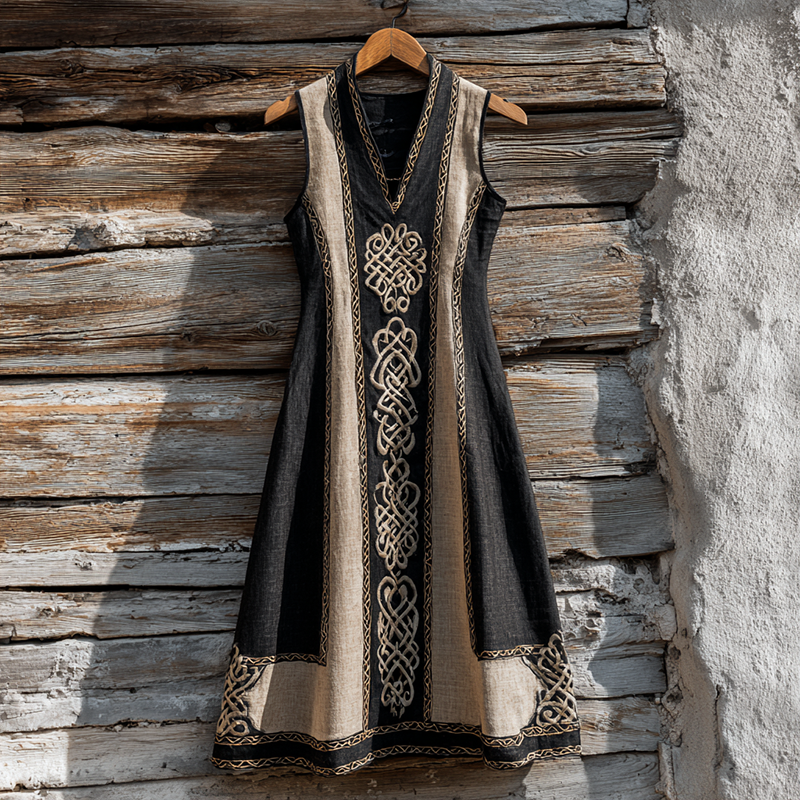 Women's Celtic Embroidered Patch Linen V-neck Vest Midi Dress