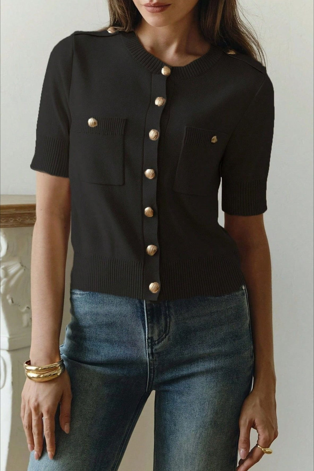 Short Sleeve Pocket Button Knit Cardigan