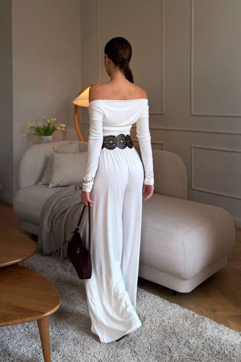 Off Shoulder Knit Top Wide Leg Pants Set