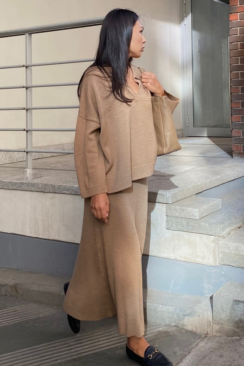 V Neck Sweater Midi Skirt Knit Set