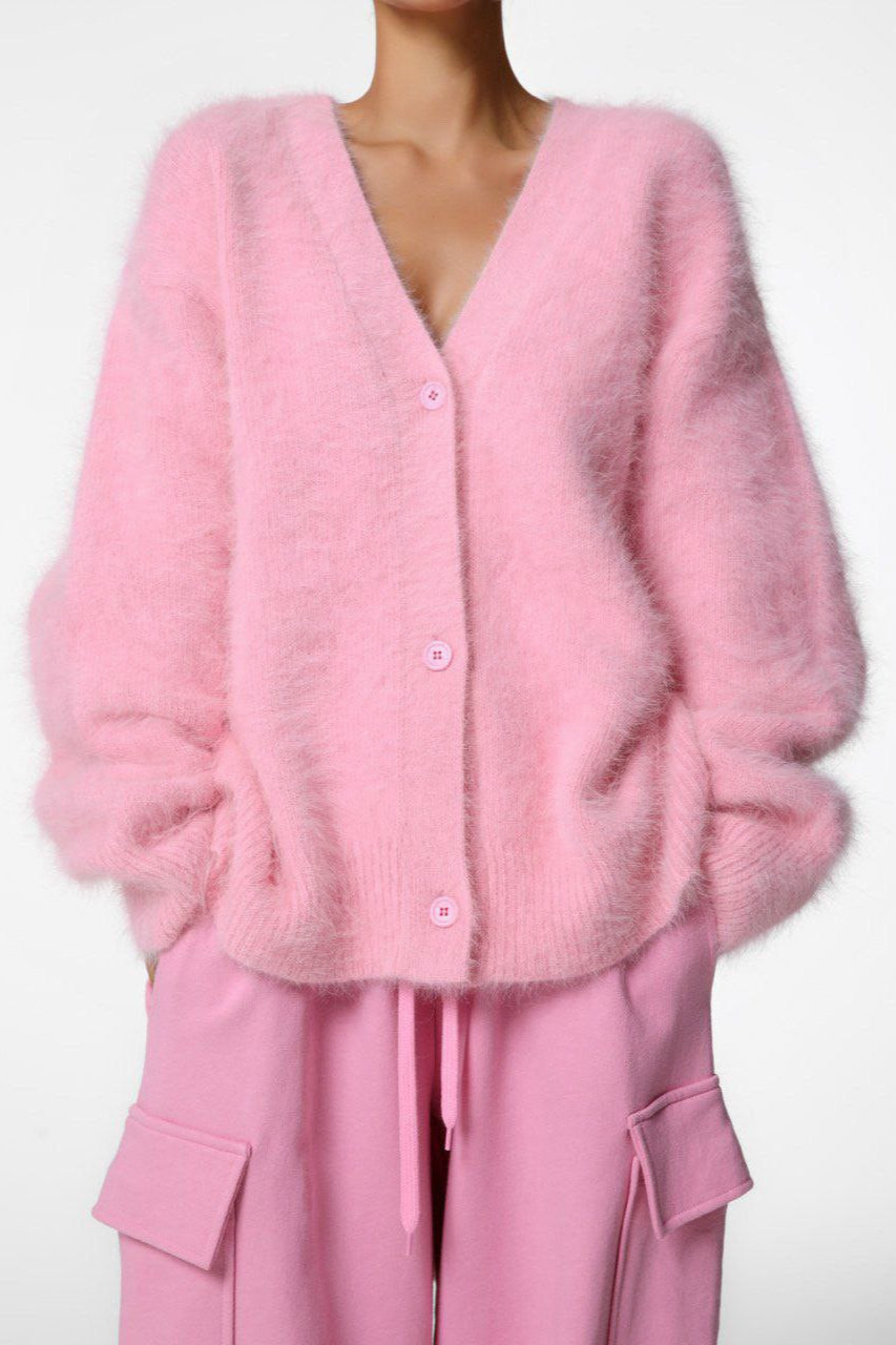 Plush V Neck Relaxed Button Knit Cardigan