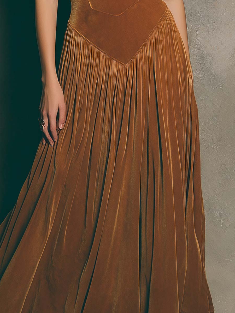 Spaghetti Strap Vintage Caramel Swan Maxi Dress