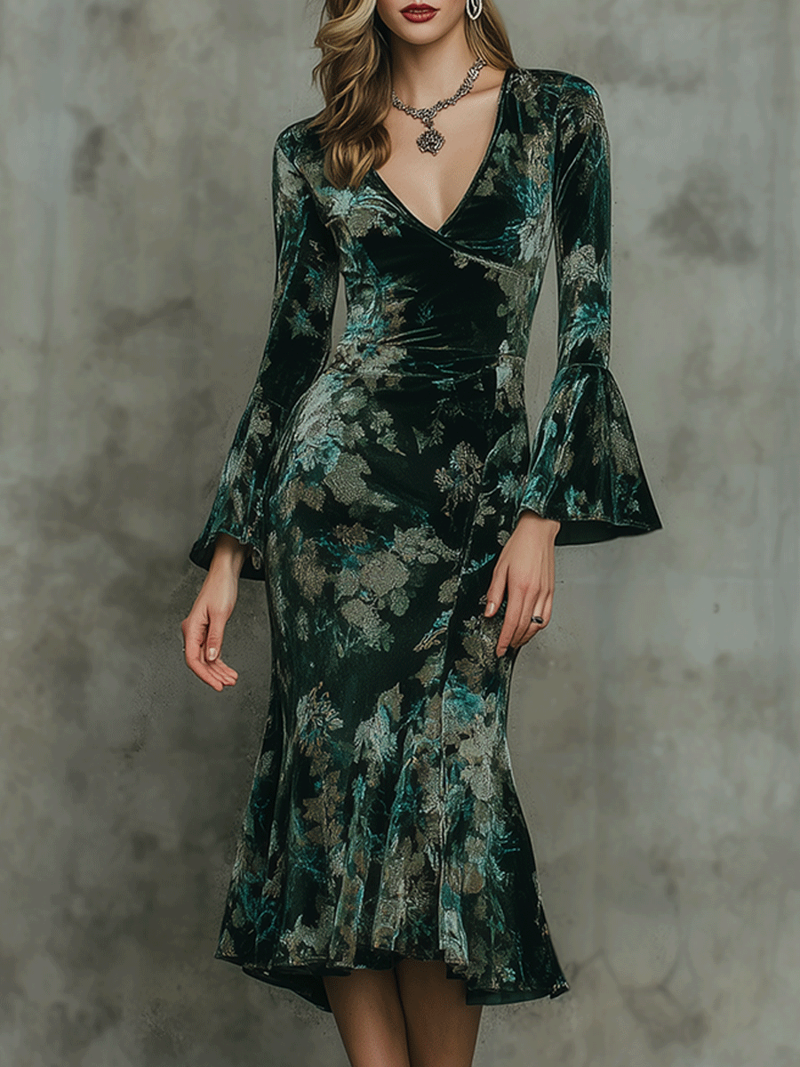 Vintage Emerald Floral Velvet With Flared Sleeves Midi Dress