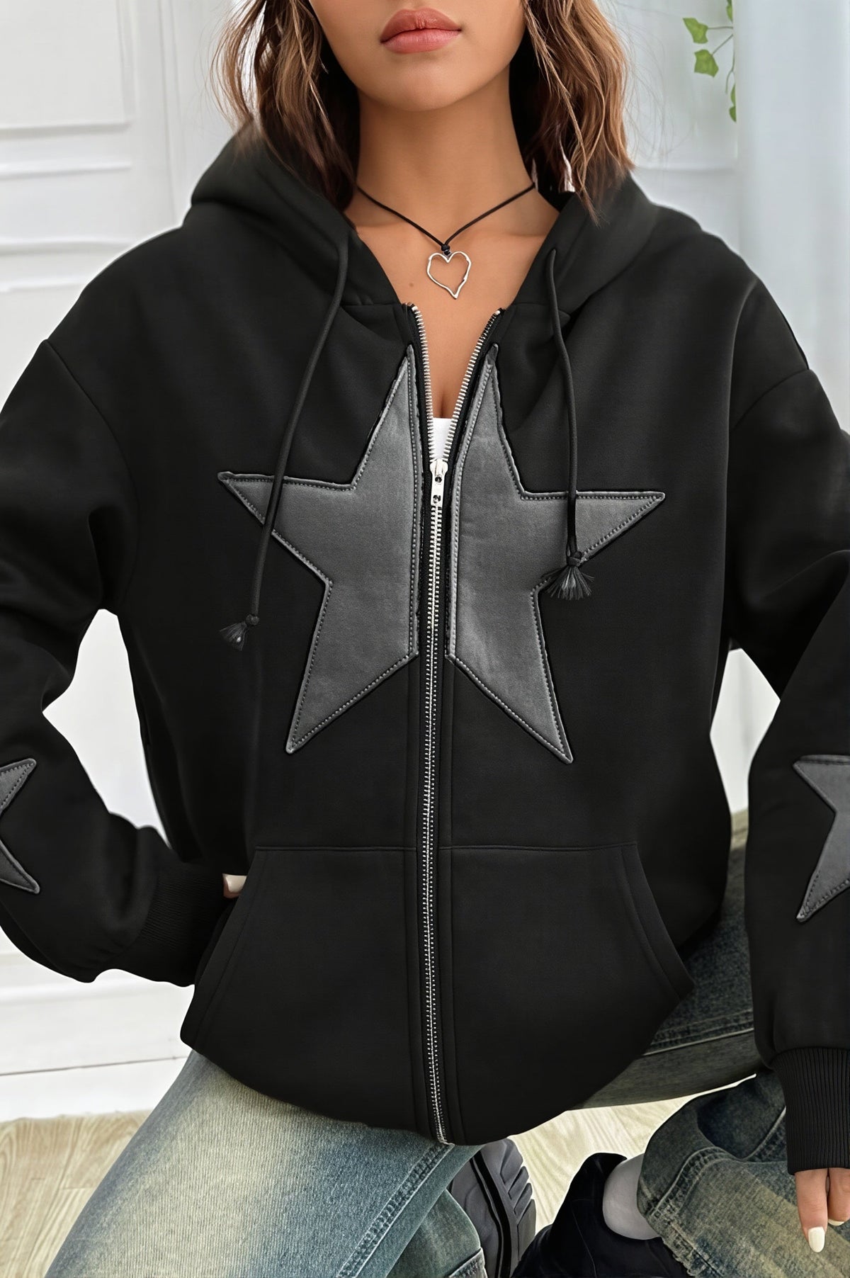Star Contrast Oversize Zip Hoodie