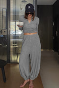 Henley Cropped Top Jogger Pants Set