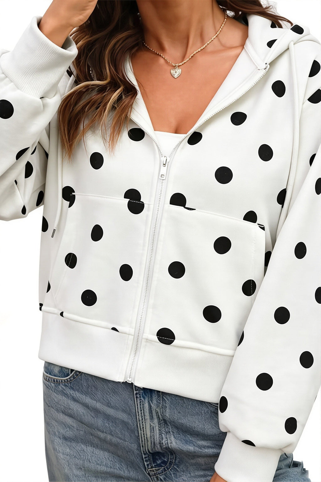 Polka Dot Cropped Zip Hoodie