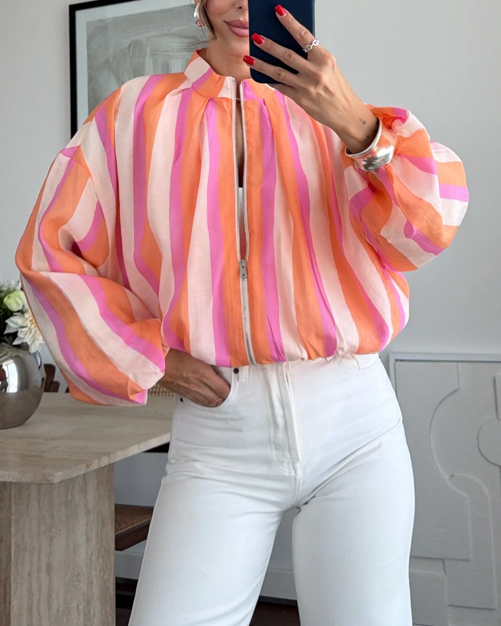 Stripe Print Zip-Up Balloon Sleeve Cropped Jacket