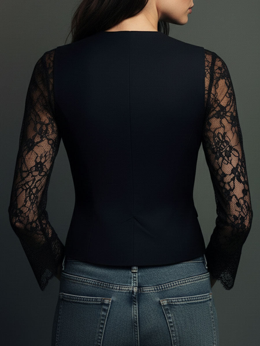 Elegant Black Lace Panel Sleeve Blazer Top Vest