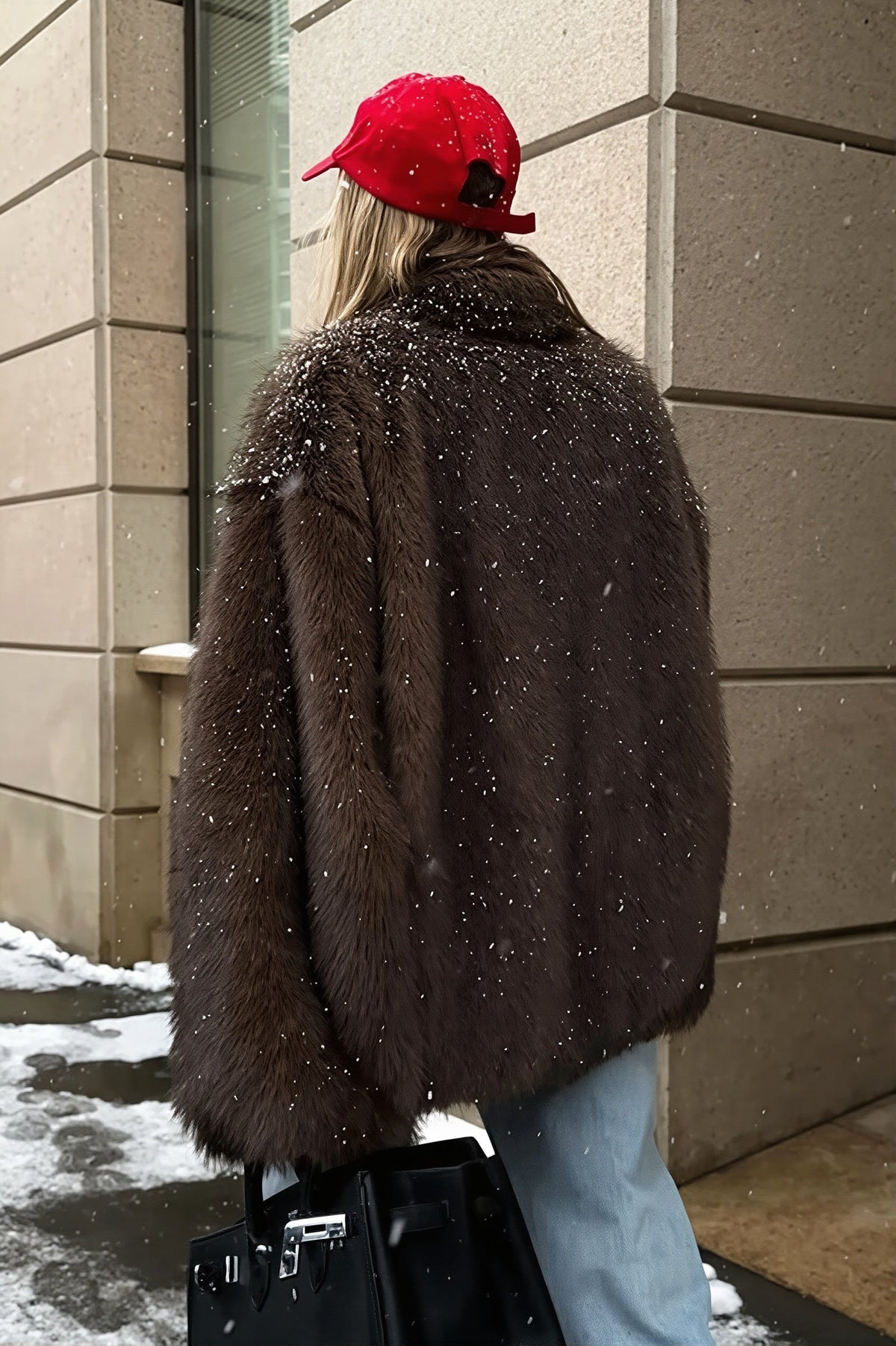 Wide Collar Mid Length Faux Fur Coat