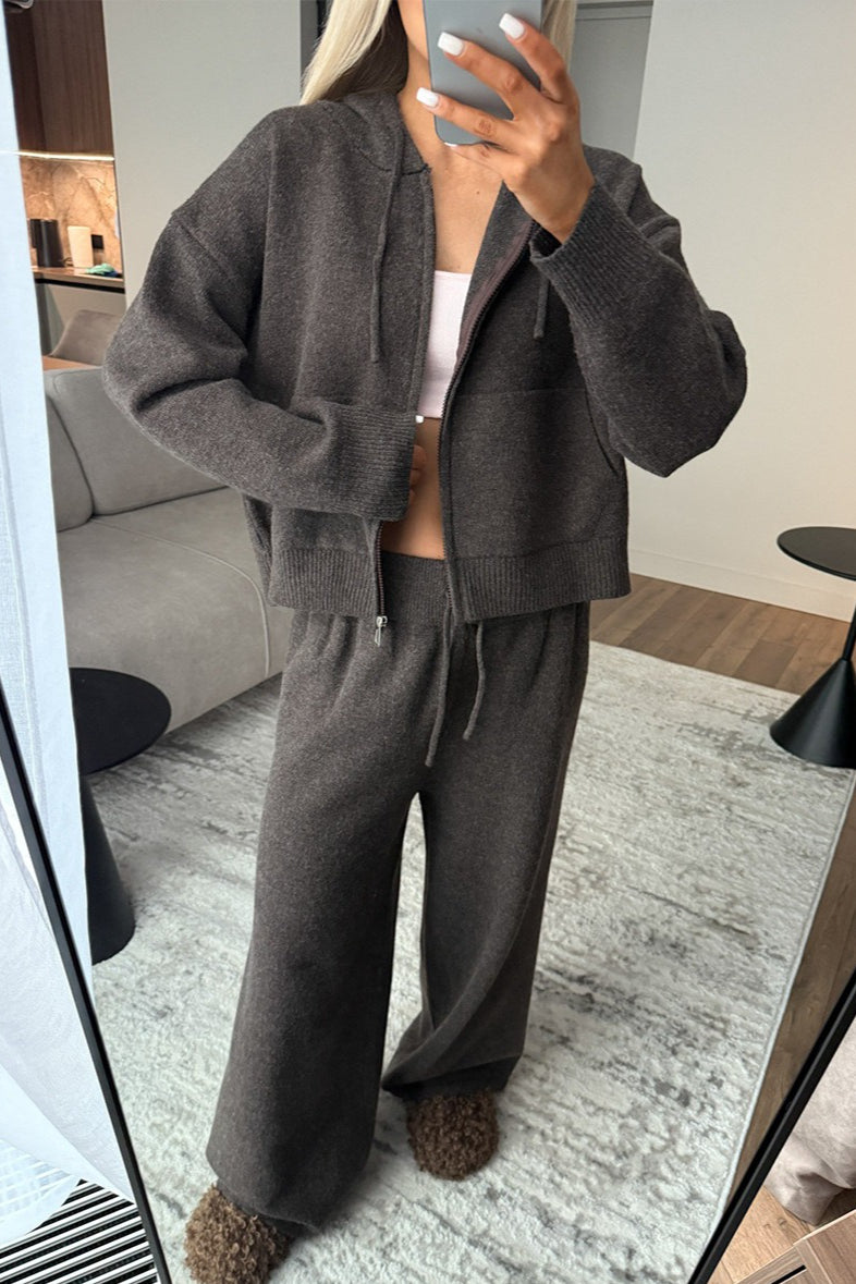 Hooded Zip Knit Top Wide Leg Pants Set