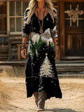 Women's Vintage Christmas Art Print Casual Long-Sleeve V-Neck Cotton Dress