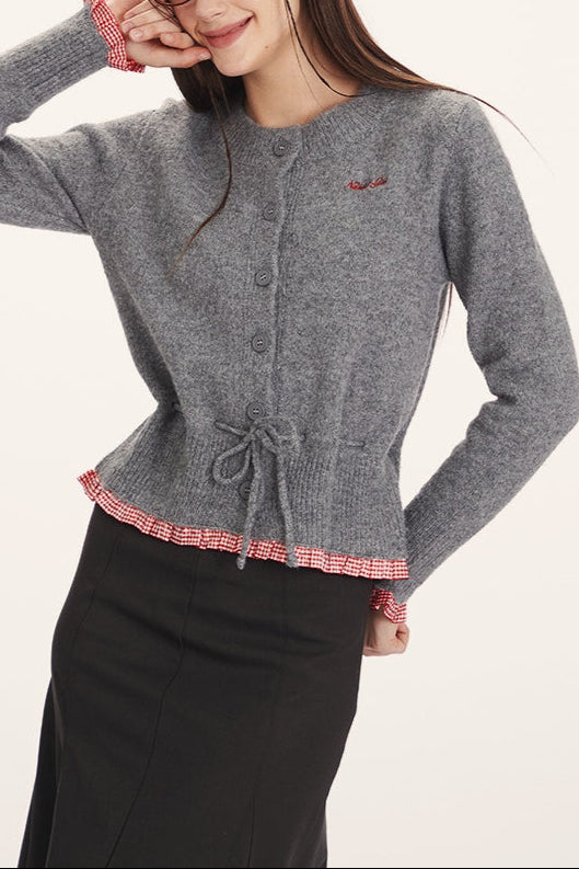 Panel-Design Waist-Cinched Slim Knit Cardigan