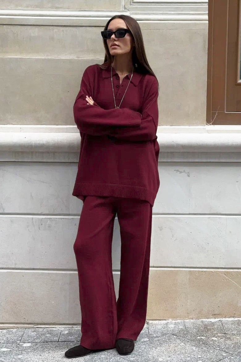 Relaxed Polo Knit Top Wide Leg Pants Set