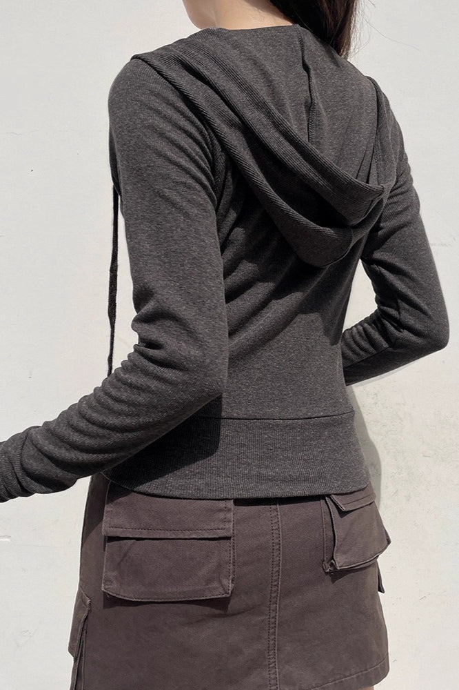 Ribbed Cropped Zip Up Hoodie