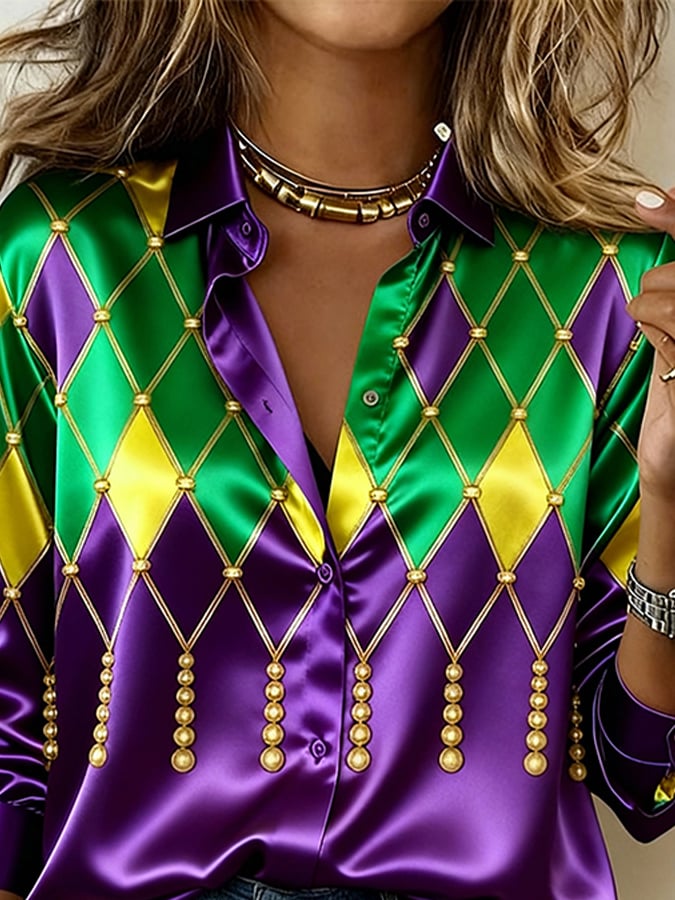 Women'S Casual Lapel Color-Block Printed Shirt